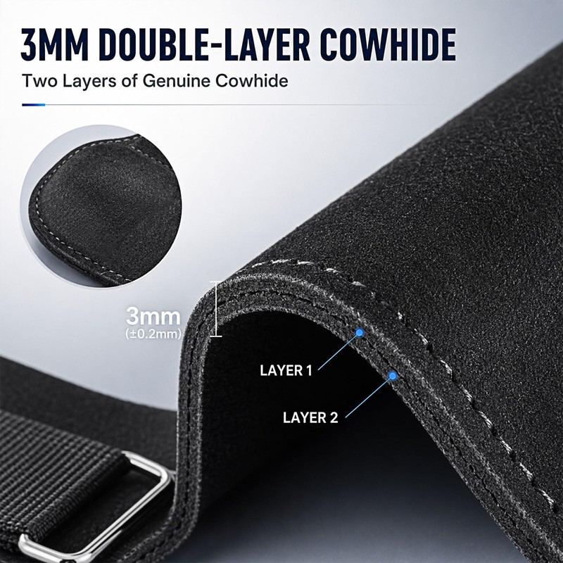 Weight Lifting Straps with 3mm Double-Layer Cowhide Palm Grips, Black