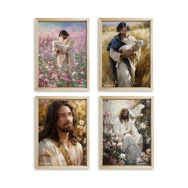XIAOAIKA Vintage Easter Art 4-Piece Set Jesus Wall Decor Scenery Linen Print Flowers Scenery Print for Easter Theme Living Room, Bedroom and Bathroom Decoration