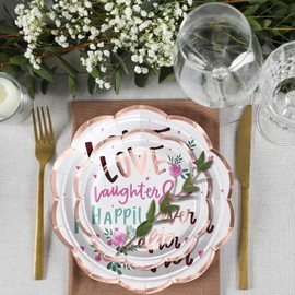 LeZakaa 25Pcs Wedding Paper Plates -Love, Laughter, Happily ever after Lettering with Flowers Design Disposable Party Plates Decorative Tableware Supplies for Wedding, Engagement, Bridal Shower- 7Inch