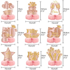 Voxisroma Pack of 9 50th Birthday Decoration, Decoration 50th Birthday Women, Rose Gold Pink Honeycomb Centrepiece Table Decoration Birthday, 50th Birthday Party Decoration Supplies, Gifts for Women