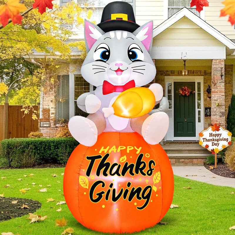 5FT Thanksgiving Inflatables Outdoor Decoration Inflatable Cat Sits on Pumpkin,