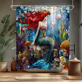 FAXTOZ Nautical Mermaid Shower Curtain Stained Glass Underwater Ocean Coastal Coral Jellyfish Sea Turtle Abstract Marine Life Polyester Bathroom Curtains Set with Hooks 70"x70"