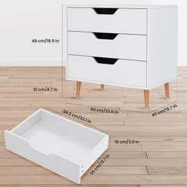 ZERDER Wooden Dresser for Bedroom with 3 Drawers, Chest Organizer for Living Room, Bedroom, Entryway or Office, Closet Organizer with Wooden Legs, Nightstand Bedside Table Furniture, White