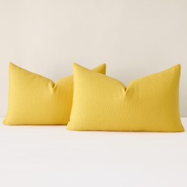 Mixhug Decorative Linen Throw Pillow Covers, Farmhouse Lumbar Cushion Covers for Couch and Bed, Mustard Yellow, 12 x 20 Inches, Set of 2