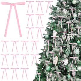 CLUEWR 24 Pcs Pink Velvet Bows Christmas Tree Ornaments, Gift Garland Decor Vintage Wreath Ribbon Bow for Xmas Holiday Home Decorations (3/8'' Width, 5 x 7 Inch)
