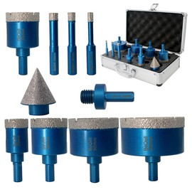 Diamond Hole Saw Kit Triangle Shank Diamond Core Drill Bit Set for Porcelain Tile Ceramic Marble Brick Granite Stone,6/8/10/25/35/38/50/65mm+35mm 5/8-11 Beveling Chamfer Bit Cone Tile+Adapter