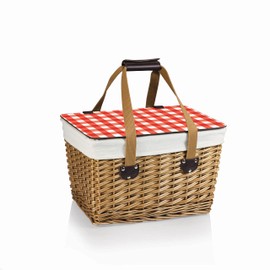 PICNIC TIME Canasta Wicker Picnic Basket With Lid, Small Picnic Basket For 2, Beige Canvas With Red & White Gingham Pattern Lid