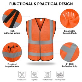 TICONN Reflective Safety Vest, High Visibility Vest with Reflective Strips for Men Women, Meets ANSI II (Orange/M, 2PK)
