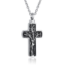 GMXLin Cross Tree Urn Necklace for Ashes Cremation Jewelry Men Women Stainless Steel Memorial Keepsake Pendant for Dad Mom Grandma Grandpa