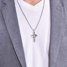 Bible Verse Cross Necklace Prayer Religious Jewelry Gift Stainless Steel Inspirational Cross Pendant Necklace with Ring Religious Faith Jewelry for Men (Silver)