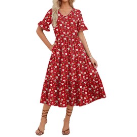Zeagoo Womens Summer A-Line Dress with Pockets Midi Short Sleeve Dresses Flowy Beach Swing Dress 2025 Vacation Travel Red Floral