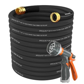 SPECILITE Garden Hose 200 ft x 5/8 in Heavy Duty, Flexible and Lightweight Water Hose, Burst 600 psi, Kink-less Black Hybrid Rubber Hose for Backyard, 3/4'' Brass Fittings