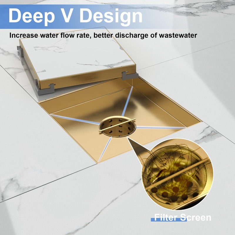 6-Inch Square Shower Drain with Tile Insert Grate, SUS 304