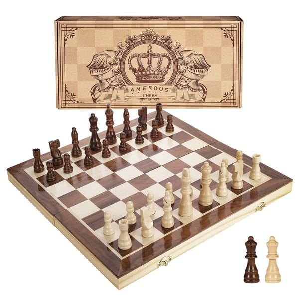 AMEROUS 15 Inches Magnetic Wooden Chess Set - 2 Extra Queens - Folding Board, Handmade Portable Travel Chess Board Game Sets with Game Pieces Storage Slots - Beginner Chess Set for Kids, Adults