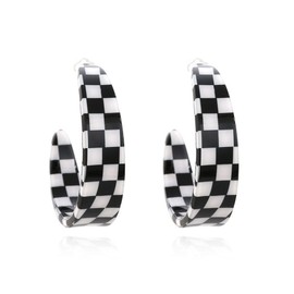 ONLYJUMP Checkerboard Hoop Earrings for Women Colorful Acrylic Resin Checker Black White Grid Lightweight Open C shaped Earrings Y2k Lightweight Xmas Jewelry Gift (Black)
