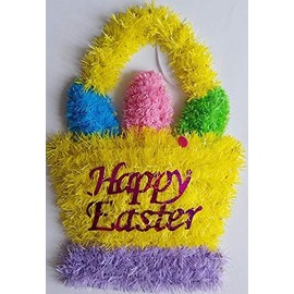 Easter Tinsel Wall Decor 14”H x 9”W x 1”D, Easter Basket ‘Happy Easter’
