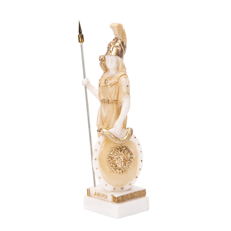Athena with Owl Medusa Holding Sign Greek Goddess Alabaster Statue
