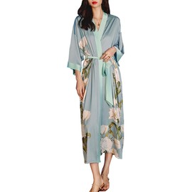 MEDUOLA Women's Summer Kimono Printed Satin Silk Long Elegant Nightdress, Blue flowers