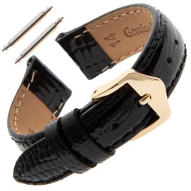 Gilden Ladies 12-14mm Shiny Teju-Lizard-Grain Calfskin Watch Band LS41 (12 millimeter end width, Black, Gold-Tone Buckle)