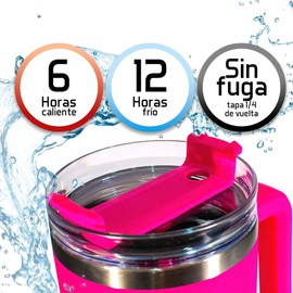 Vaso Térmico 40 oz con Asa y Pajita | Termo al Vacío de Acero Inoxidable 18/8 con Tapa Hermética | Aislamiento de Doble Pared para Bebidas Frías y Calientes | Ideal para Café, Agua, Té (rosa)