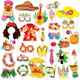 Milalei 30PCS Hawaiian Photo Booth Props for Summer Tropical Party Decorations for Summer Pool Supplies Luau Tropical Vacation Dress-Up Beach Party Accessories Decoration