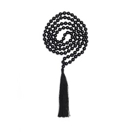 RIYAURA 108 Beads 8mm Natural Semi Precious Black Obsidian Gemstone Prayer Mala Necklace For Yoga & Meditation
