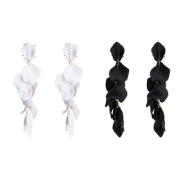 Vintage Long Acrylic Romantic Leaves Rose Petal Dangle Earrings Exaggerated Flower Drop Statement Floral Tassel Earrings for Women Jewelry-White+Black