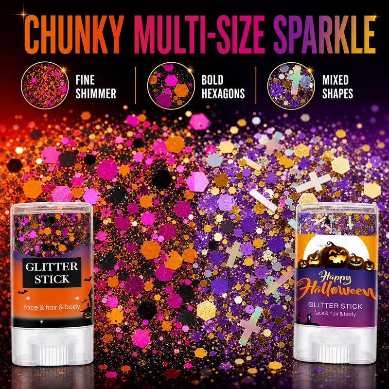 Halloween Glitter Stick Duo, Orange Pink and Purple Gold