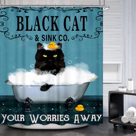 Famiffty Cat Funny Shower Curtain 60Wx72L Inch Bath Soap Shower Curtain Vintage Blue Green Cute Black Kitty Bubble Retro Bathtub Bathroom Decor Accessories Waterproof Polyester Fabric 12 Plastic Hooks