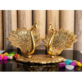 Aluminium Golden Color Plated Laxmi Ganesha Idol with Platter Plate for Puja Diwali Gift Items Deepawali Decorations Indian Dhanteras Pooja Statue Thali (Peacock Showpiece)