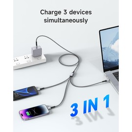[100W] NINGKPOW 3-in-1 Charging Cable, 3.9 ft (1.2 m), Multi Charging Cable, Type c, PD, 100W, Rapid Charging, 3-in-1 Charging Cord, Can Charge 3 Devices Simultaneously, Type c Charging Cable (100 W),