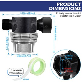 Dreyoo Water Pump Strainer Filter, Compatible with Shurflo Swivel Nut 255-315, 1/2 Inch Fitting with 50 Mesh Stainless Steel Screen and 6.6 FT Tape