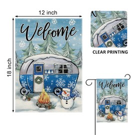 Covido Welcome Winter Camping RV Decorative Garden Flag, Christmas Snowman Camper Bonfire Pine Tree Yard Outside Decorations, Seasonal Snowflake Burlap Outdoor Small Home Decor Double Sided 12 x 18