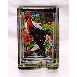 Ashtray New 3.5" Solid Glass Tattoo Art Black Panther with Colorful Floral Backgrounds Decorative (6 Panther Laying in Rose Flower)