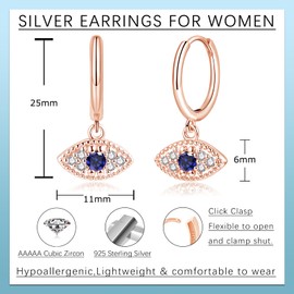 Kamise Sterling Silver Drop Earrings, Silver Drop Hoop Earrings with Devil's Eye Pendant, Dangly Earring with Sapphire, Rose Gold Neutral Dangle Ear Rings, Birthday Jewellery Gifts for Ladies Girls
