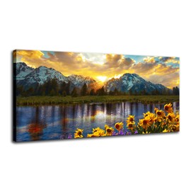 Grand Teton Wall Art Mountain Canvas Wall Art Landscape Lake Sunflower Pictures Wall Decor Large Wall Art for Living Room Home Decoration 60x30" (Lake, 60x30 inch)