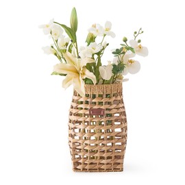 Water Hyacinth Wall Hanging Pocket Basket Open Weave Storage Belly Basket Decorative Boho Mounted Organizer Front Door Basket for Dried Flower Plants
