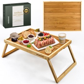 Wooden Bed Tray Table with Folding Legs - 100% Acacia Wood Breakfast Tray - Folding Bed Table Tray for Eating and Laptop - Large Bed Desk - Foldable Lap Desk for Laptop (Bamboo)