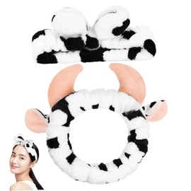Healeved 2 Pcs Cow Print Headbands for Washing Face Cute Skincare Hairband with Horns and Bow Comfortable Elastic Spa Accessory for Women