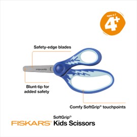 Fiskars 5" SoftGrip Blunt-Tip Scissors for Kids Ages 4-7, Scissors for School or Crafting, Back to School Supplies, Blue Lightning