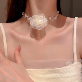 Black Flower Pearl Choker Necklace for Women,Trendy White Camellia Fairy Necklace for Bridal Bridesmaid,Dainty Pearl Chain Collar Necklaces (White)