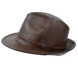 IFSUN Men & Women's Cowhide Jazz Hat Short Brim Leather Fedora Hat, Brown, X-Large
