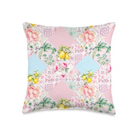 Pink blue lemon gingham pattern vintage flowers patchwork Throw Pillow