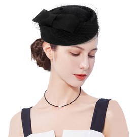 ELLYDOOR Wool Fascinator Hat Winter Wool Felt Pillbox Hat for Women Wedding Church Hat Veil Bowknot Fedoras Black