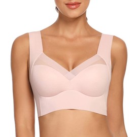 Seamless Mesh Lace Bras for Women Wirefree Comfortable Padded Lift Push Up Thin Soft Back Smoothing Sleep Leisure Pullover Bralettes Plus Size for Large Breasts (169 Sleep Pink, M, m)