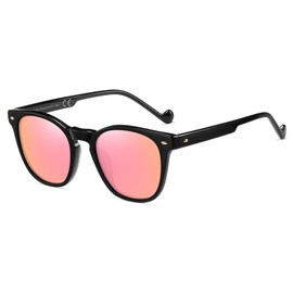 SHES Retro Round Sunglasses for Women Trendy Polarized Shades Fashion Acetate Frame SH2109 (Black Frame Revo Pink Lens)