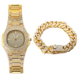 Halukakah Diamond Gold-Plated Watch, Men's 18 Carat Real Gold Plated/Platinum White Gold Plated Quartz Bracelet 24 cm, with Cuban Chain 20 cm Bracelet + 45 cm Necklace, Laboratory Diamonds, Free Gift