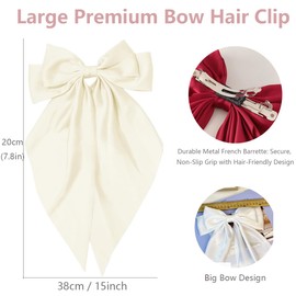 Silky Satin Hair Bows 2PCS, Big Hair Ribbons Barrettes with Metal Clips, Large Long Tail Black and White Bowknot Hair Accessories, Perfect for Women and Girls(Black+Beige)
