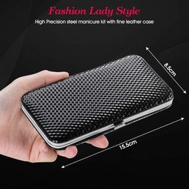 12pc Womens Manicure Kit in Deluxe Black Leather Travel Case. Steel Clippers, Trimmers, Tweezers for Beautiful Nails, Pedicure. Compact 6x3" (Black)