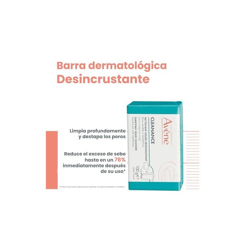 AVENE Cleanance Barra Dermatológica, Limpiadora Facial con Ácido Salicílico, 100g